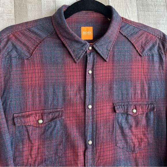 HUGO BOSS Orange Western Pearl
Snap Shirt Mens Size Medium Plaid Slim Fit - Picture 3 of 8